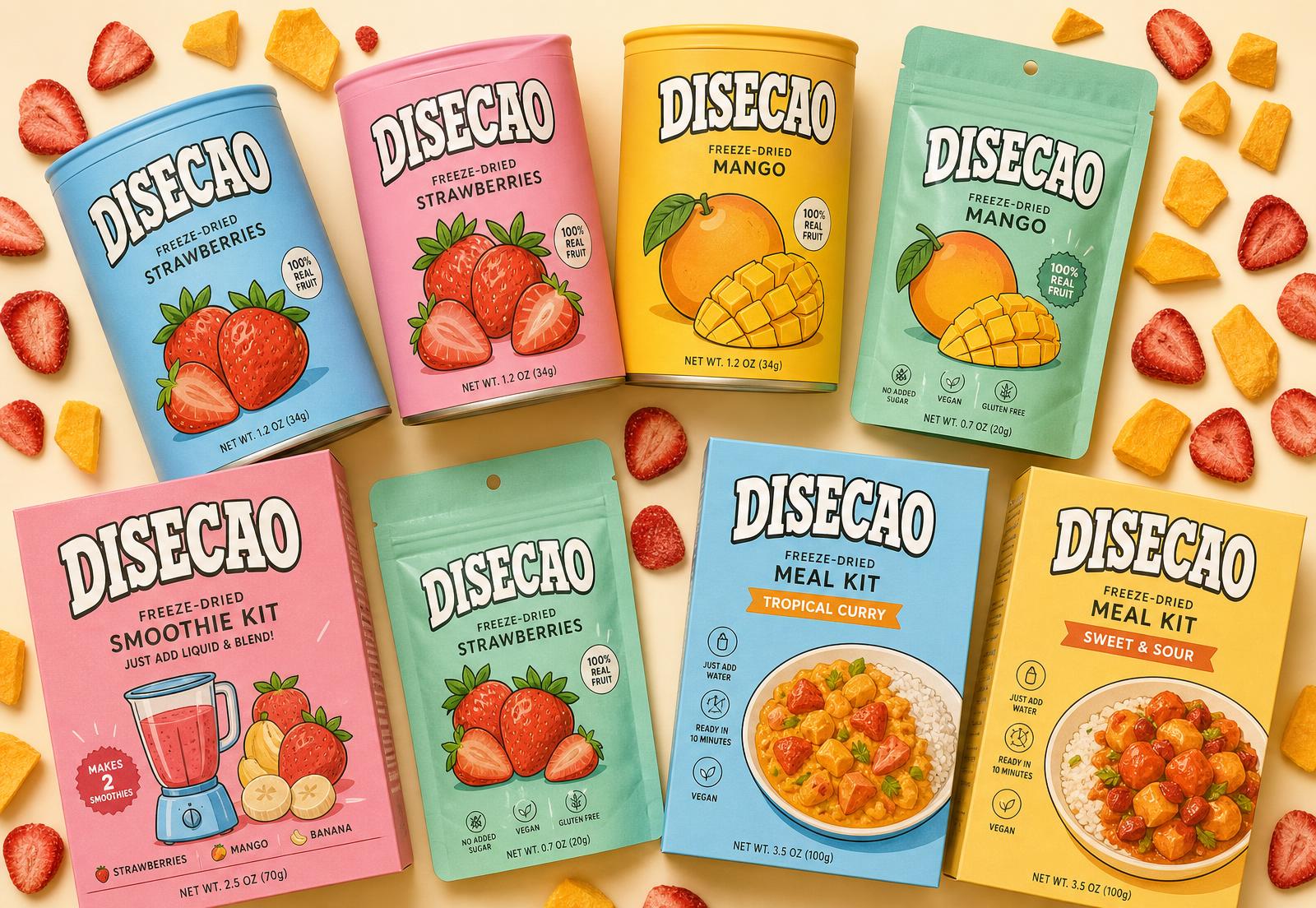 Latas, bolsitas y kits Disecao de fruta secada al frío sobre fondo crema